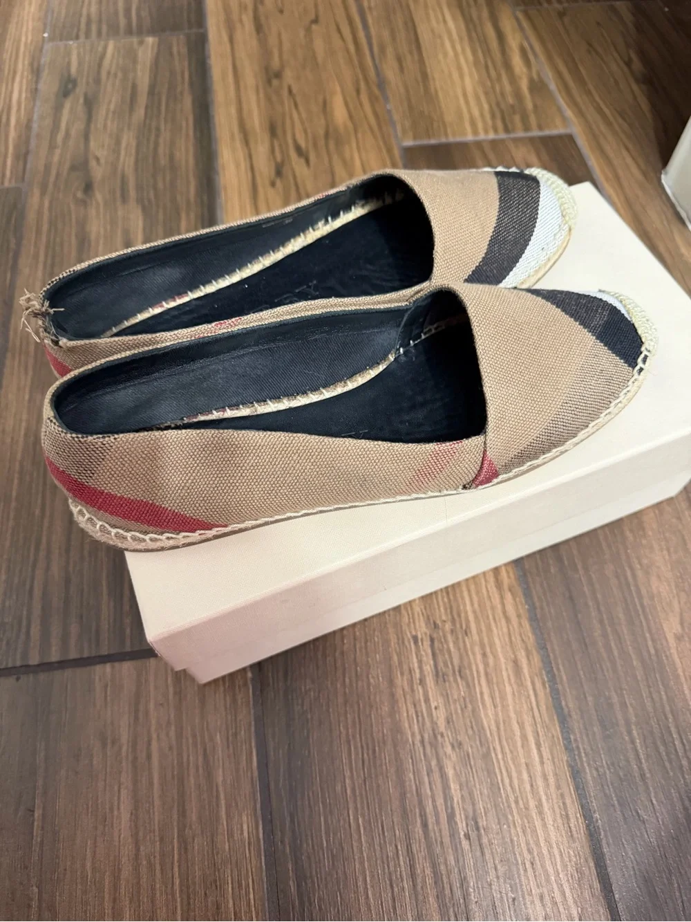 Burberry Tan & Black Plaid Espadrille Flats